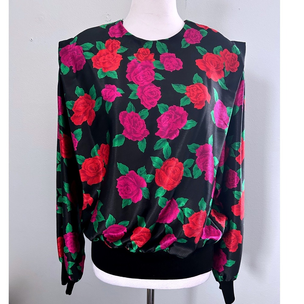 Vintage Shapely 80s Rose Floral Padded Shoulder Blouson Blouse Black Pink Medium